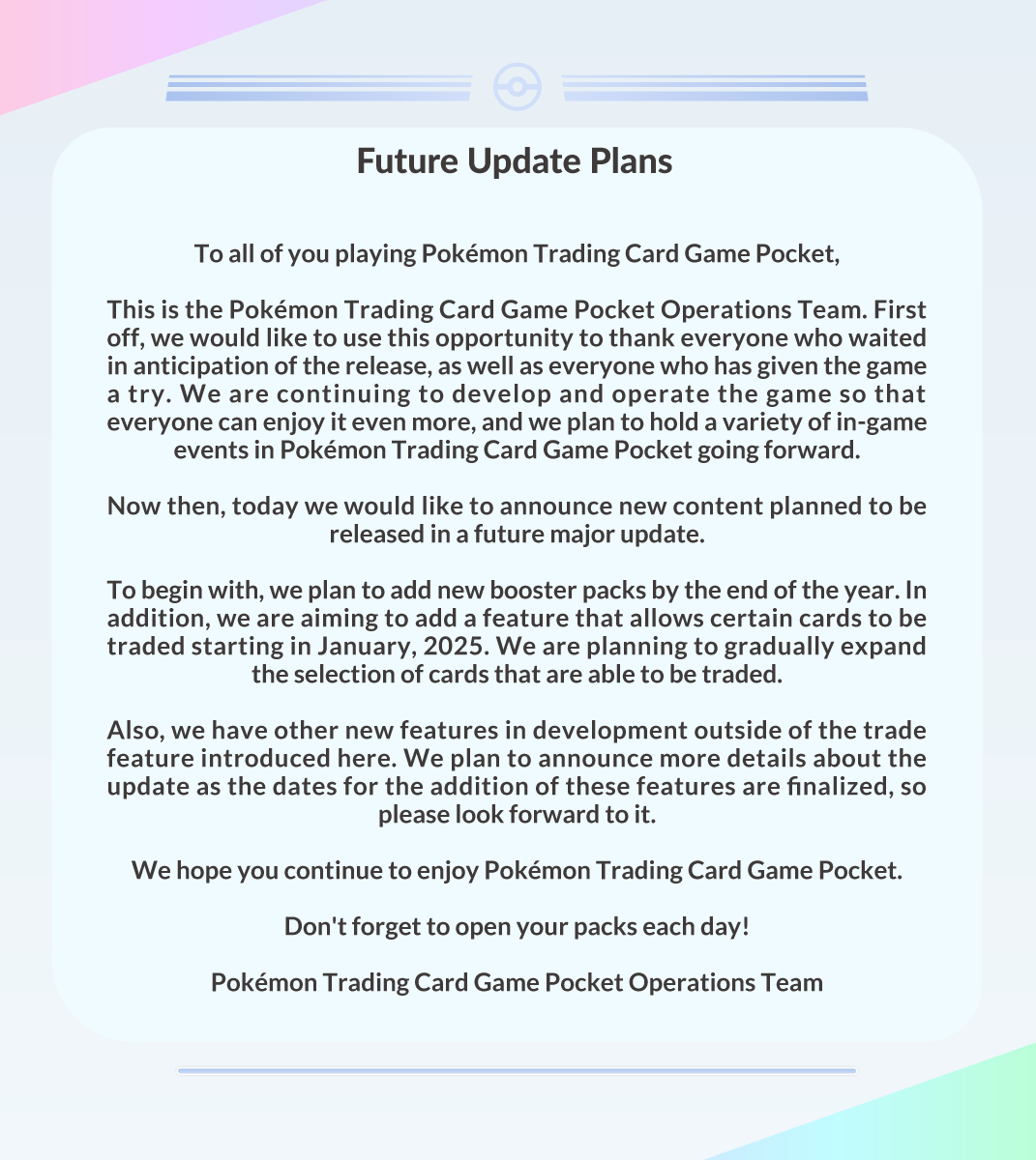 Pokémon TCG Pocket Future Update Plans - November 13, 2024